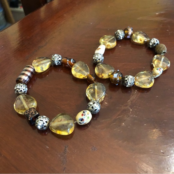 Boho Amber/Brown/Silver Chunky Beaded Stretch Bracelet - Picture 3 of 15